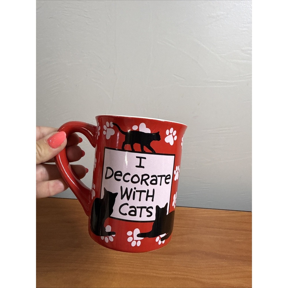 CRAZY CAT LADY  I Decorate With Cats Ceramic  Mug Red With Paw Prints 16oz